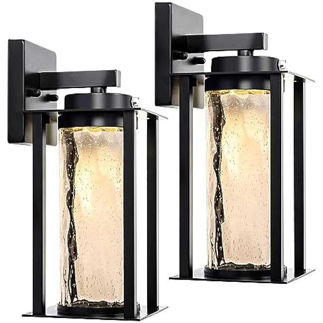 LED Dusk to Dawn Outdoor Light Fixtures - 2 Packs Modern Porch Lighting with Attractive Glass, 13W 3000K LED Exterior Sconce Wall Mount with Photocell Sensor for House Front Garage Door, Waterproof