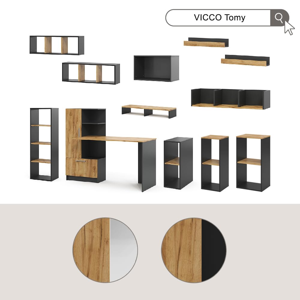 Vicco Armoire pour PC Tomy, Anthracite/chêne doré, 28.5x50cm,2 Compartiments, avec roulettes et Surface de Rangement pour Accessoires informatiques