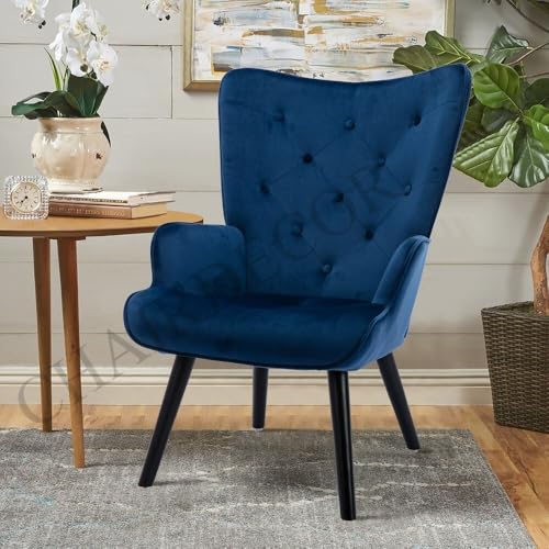 Image of Velvet Wingback Accent Chair for Living Room | Luxury High Back Tufted Armchair with Glossy Metal Legs | Modern Velvet Upholstered Lounge Chair for Home & Office | 1 Pc (Blue)