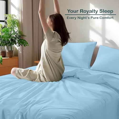 Image of Bed Sheets for King Bed - Hotel Luxury Bedding 1800, Ultra-Soft & Wrinkle-Free - Light Blue Solid King Size Sheets for Ultimate Comfort