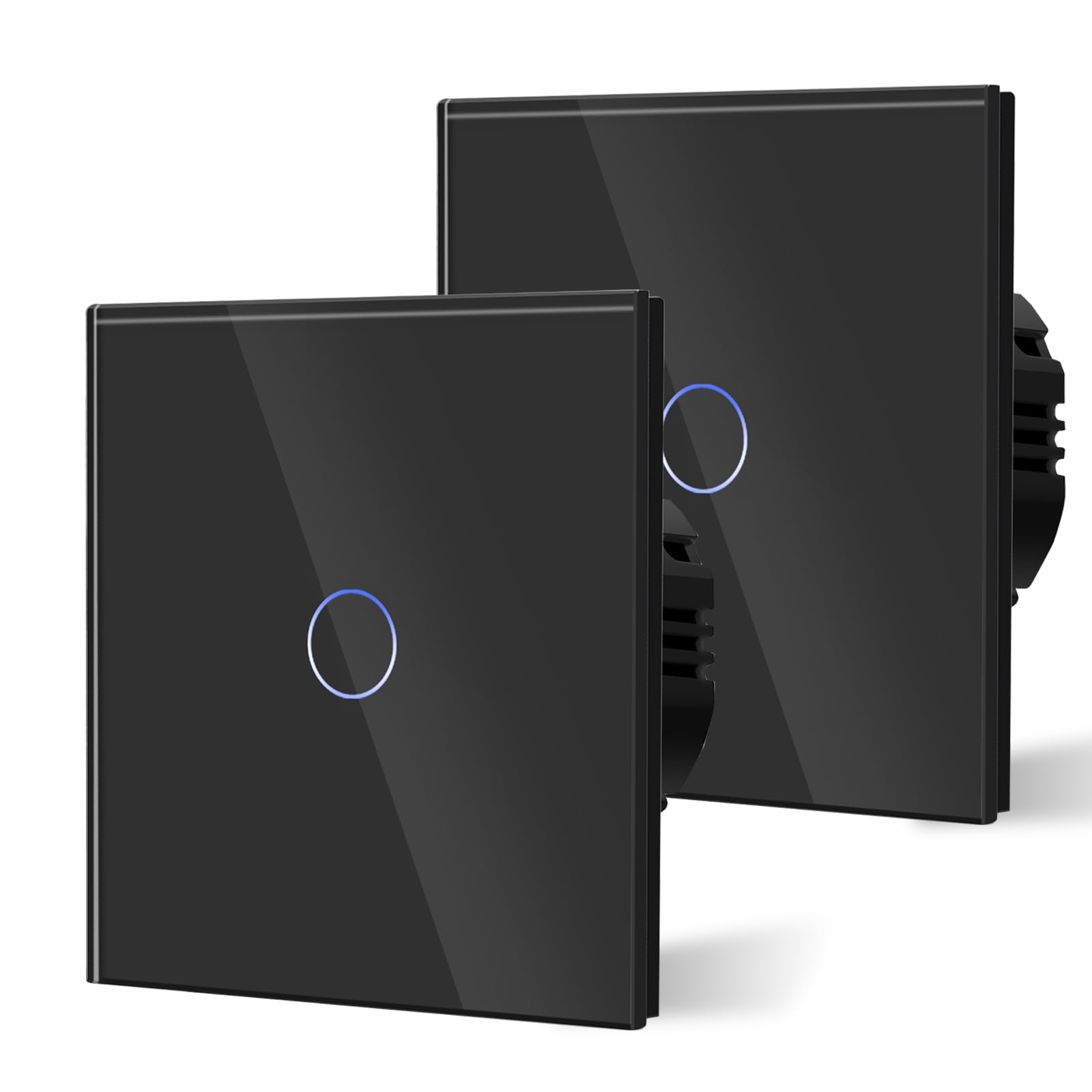 BSEED Touch Light Switch,Standard Touch Sensitive bathroom Switchs,Tempered Glass Panel with LED Backlight, No Neutral Wire Needed,1 Gang 2 Way-2 PACK,Black 86mm
