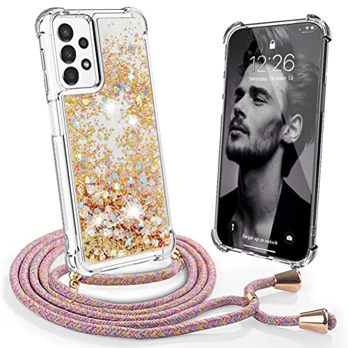 Mkej Glitter Liquide Collier Coque pour Samsung Galaxy A13 4G, Silicone Paillette Étui TPU Flowing Liquide Housse, Bling Samsung Galaxy A13 4G Case avec Réglable Tour de Cordon - Arc en Ciel Cover