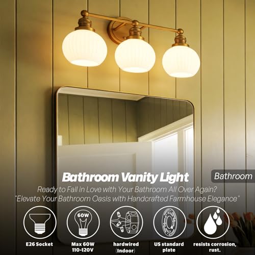 Image of 3-Lights Bathroom Light Fixtures, Vintage Milk White Glass | Hardwired Gold Wall Mounted Lamp for Bathroom Mirror to Elevate Decor & Refresh Older Home's Look,DIY-friendly,UL,E26