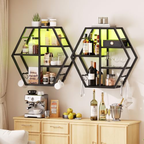 Image of HOOBRO Gaming Floating Shelves with LED Lights, Gaming Wall Mounted Shelf, Hexagonal Display Rack for Wall Storage, Floating Rack with 4 S-Hooks, for Gaming Room, Black BB76DBJ01