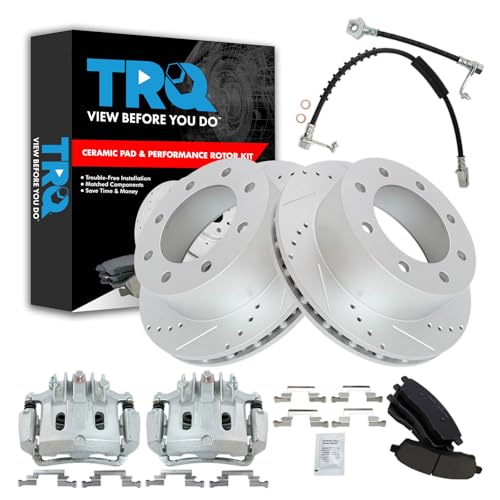 Image of TRQ Brake Pad & Rotor Kit Slotted X Drilled Performance Ceramic Compatible with 2000 Ford Excursion F-350 Super Duty