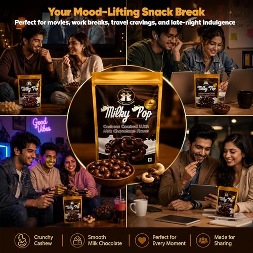 Image of DRIYOZ Milky Pop Chocolate Coated Cashews 250g | Crunchy Roasted Kaju Nuts with Smooth Milk Chocolate Flavour Coating | Premium Sweet Dry Fruit Snack for Gifting, Parties, Travel & Daily Cravings