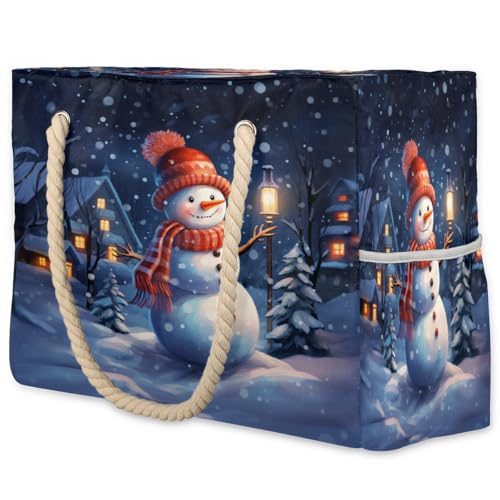 Large Beach Tote Bags for Women Snowman Winter Christmas Xmas Waterproof Sandproof Shoulder Bags Swim Pool Purse with Zipper Beach Vacation Essentials for Summer Swim Pool Travel Gifts