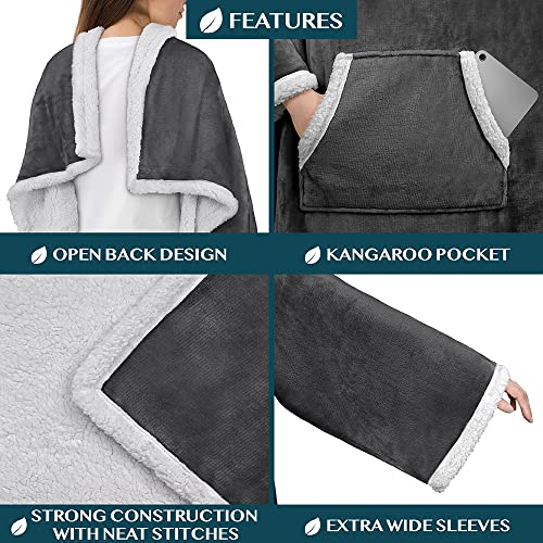Pavilia Premium Sherpa Fleece Blanket With Sleeves For Women Men Adult, Wearable Blanket Warm Cozy, Super Soft Thick Sleeved Throw With Arms Pocket, Gift For Women Mom Wife (Charcoal Gray) #TOP2