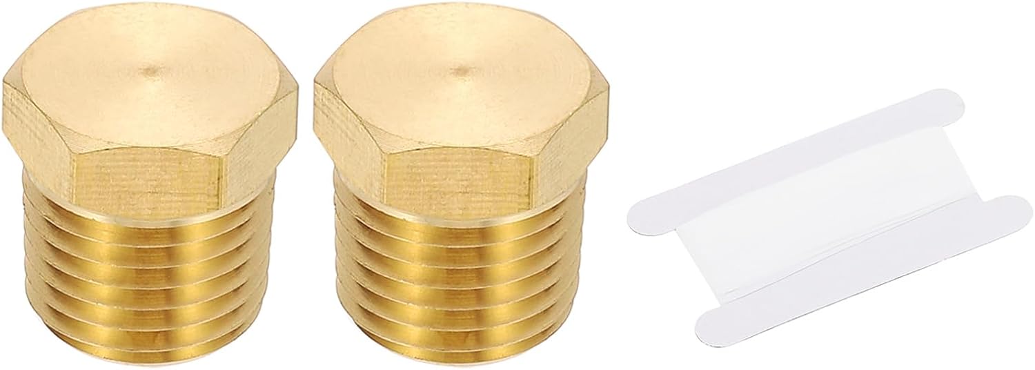 PATIKIL 1/2" NPT Male Brass Pipe Plug Fitting Set, 2Pcs Outer Hex Thread Socket Plug Ends Sealing Tubing Fitting with PTFE Tape for Refrigeration, Water, Air, Oil, Gas Line