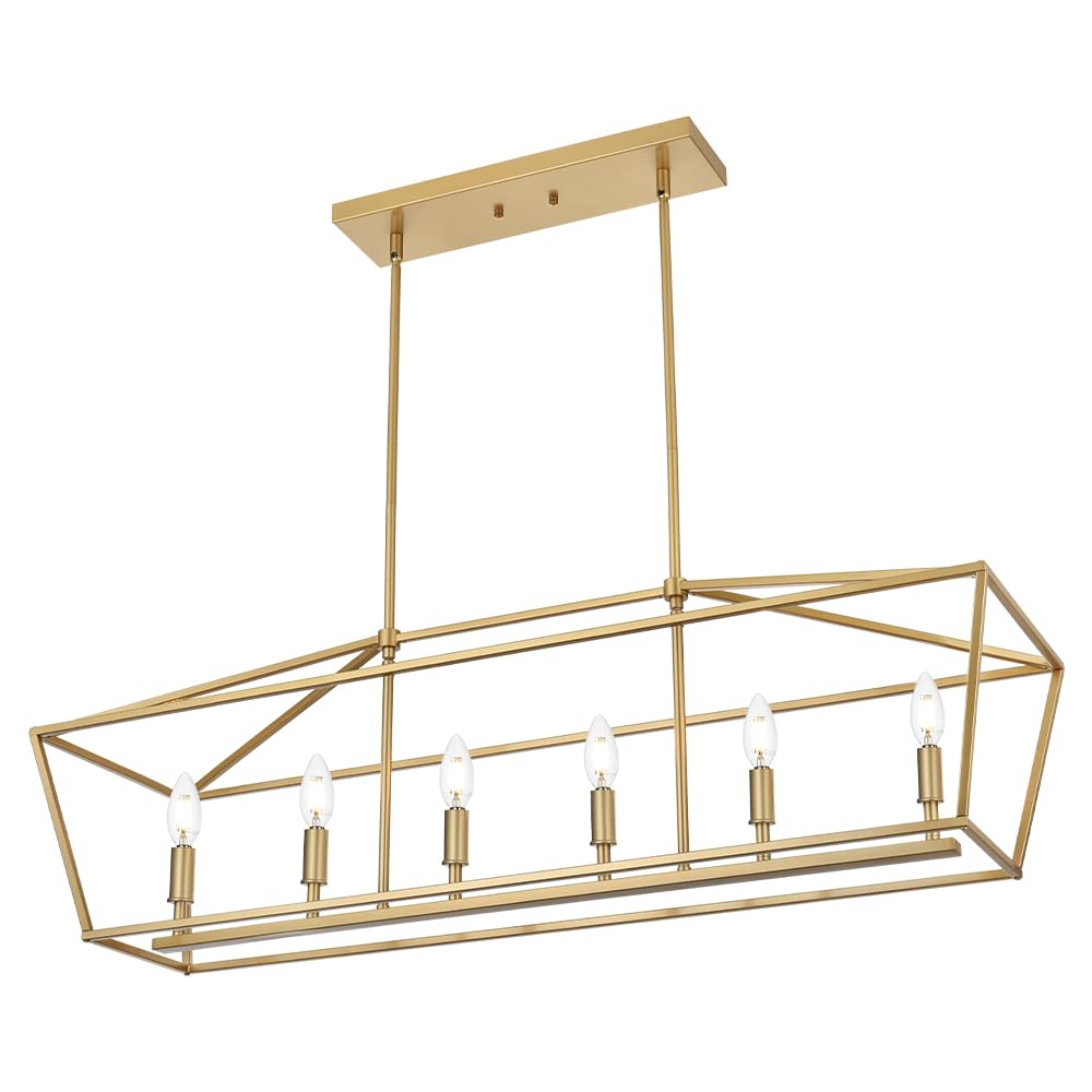 BONLICHT 6 Light Brushed Brass Farmhouse Chandelier for Dining Room Modern Industrial Foyer Linear Pendant Light Traditional Gold