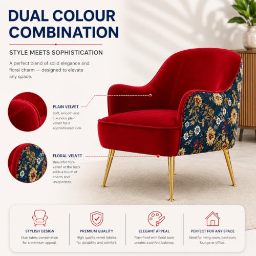 Image of Velvet Chair with Pillow for Home | Modern Accent Armchair in Soft Velvet Fabric with Golden Legs | Premium Accent Chair for Living Room Bedroom Restaurent | (Red, Big Zara)