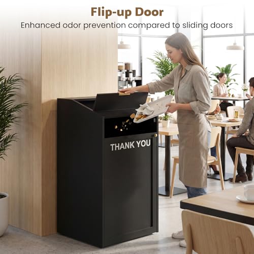 Image of 40 Gallon Commercial Trash Can Cabinet with Tray Holder, Wooden Trash Can Cabinet with Top Cup Slot, Heavy-Duty Restaurant Trash Can with Lift Up Door for Cafe Restaurant Office