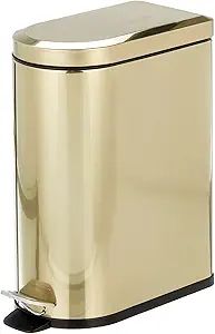 mDesign Small 2.6 Gallon Stainless Steel Metal Step Trash Can Garbage Bin for Bathroom, Bedroom, Home Office - D-Shape Trashcan with Foot Pedal/Lid, Removable Liner Bucket with Handles, Soft Brass
