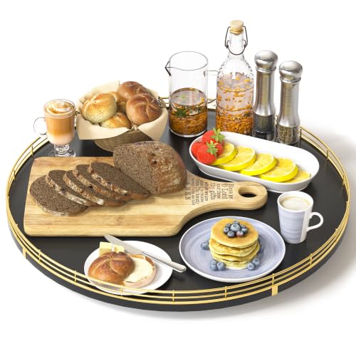 Image of Oroyutor 16-Inch Oak Lazy Susan Organizer with Gold Rail and Black Finish | Oak wood base, gold metal rail and smooth 360-degree rotation for dining tables, kitchen counters and spice storage.