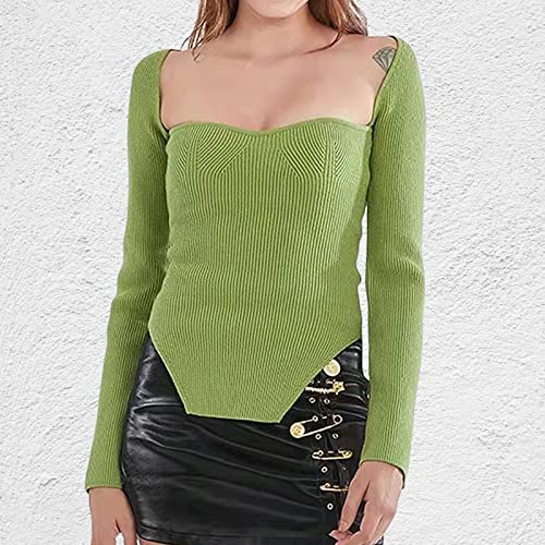 Image of Women's Square Neck Ribbed Knitted Sweater Long Sleeve Crop Slim Fitted Basic Pullover Tops