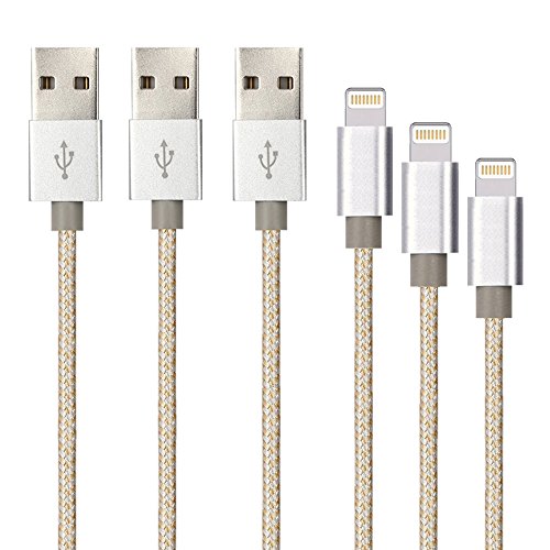 iPhone Charger, 3-Pack 3Ft 6Ft 10Ft Mingu, Nylon Braided Cord Lightning Cable to USB Charging Cable for iPhone 7 7 Plus 6s 6 5s 5c 5 SE, iPad Pro, Air, iPad mini 4 3 2, iPod Nano/Touch - Gold & Silver