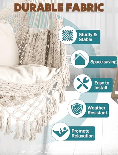 Image of Chihee Hammock Chair Handmade Woven Mesh Hanging Seat Metal Spreader Bar | Cotton Blended Rope Hanging Chair Ventilated Soft-Spun Large Stretch Hammock Swing, Elegant Macrame Indoor Outdoor Garden