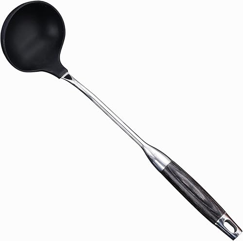 Cucharón de sopa, cuchara de sopa de silicona negra mate de 15.1 pulgadas, sin BPA, segura para superficies de cocina antiadherentes