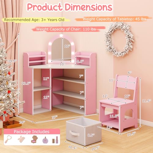 Image of Costzon Kids Vanity with Lights, Corner Vanity Desk with Mirror, Storage Shelves, Wooden Princess Toddler Makeup Dressing Table, Kids Vanity Table and Chair Set for Little Girls (Pink)