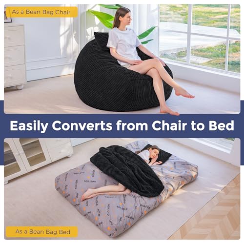Image of MAXYOYO Giant Bean Bag Chair Bed with Pillow, Convertible Beanbag Sofa to Floor Bed, Lazy Chair Couch with Removable Cover, High-Density Shredded Foam Filling, Cozy Lounge for Bedroom Living Room