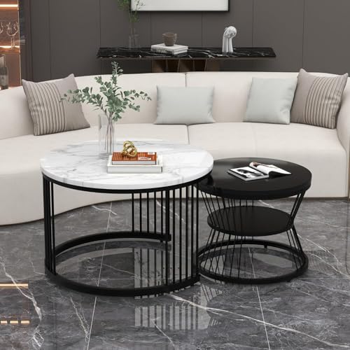 Image of Brown Art SHOPPEE Round Coffee Table Home Decor Furniture Coffee Table Sets,2 Piece MDF Top,Stacking Nesting Table with Iron Frame for Living Room Living Room or Lounge (Black Mix)