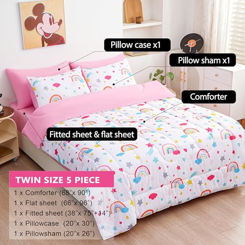 Image of Cartoon Bedding Set - Super Soft Microfiber Twin Size 5 Piece Pink Rainbow Butterfly Bed in a Bag, Comforter Set with Sheets, Pillowcase & Sham for Girls (5 Piece Twin Size)