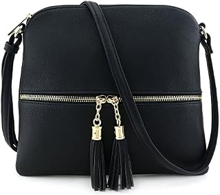 Lightweight Medium Crossbody Bag with Tassel Black