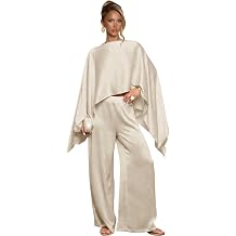 Womens Satin 2 Piece Outfits Loose Fit Flowy Cape Tops and Wide Leg Pants