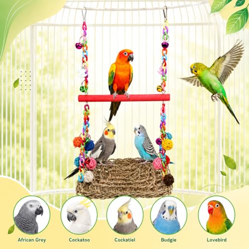 Image of Bird Swing Mat with Wood Perch, AHIER Seagrass Bird Hammock for Conures with Chewing Toy for Parakeets, Budgie, Cockatiel Cage Accessories (Rose-Pink Pole)