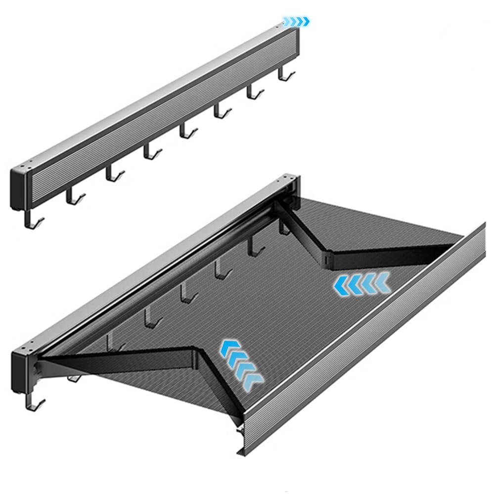 WAYUTO Wall Mounted Hidden Clothes Drying Rack Collapsible Clothing Towel Shelf Bathroom Towel Rack with 6 Hooks Laundry Aluminum Drying Rack