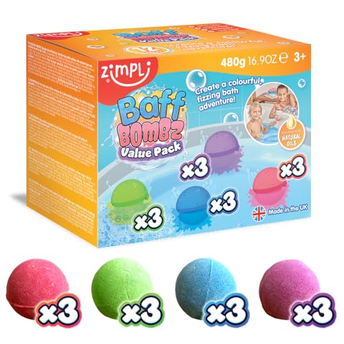 12 x Bath Bombs by ZIMPLI Kids Moisturizing Spa Bath Bombs Gift Set Birthday Gift for Children Party Loot Bag Fillers Favours Rewards Organic and Vegan Friendly