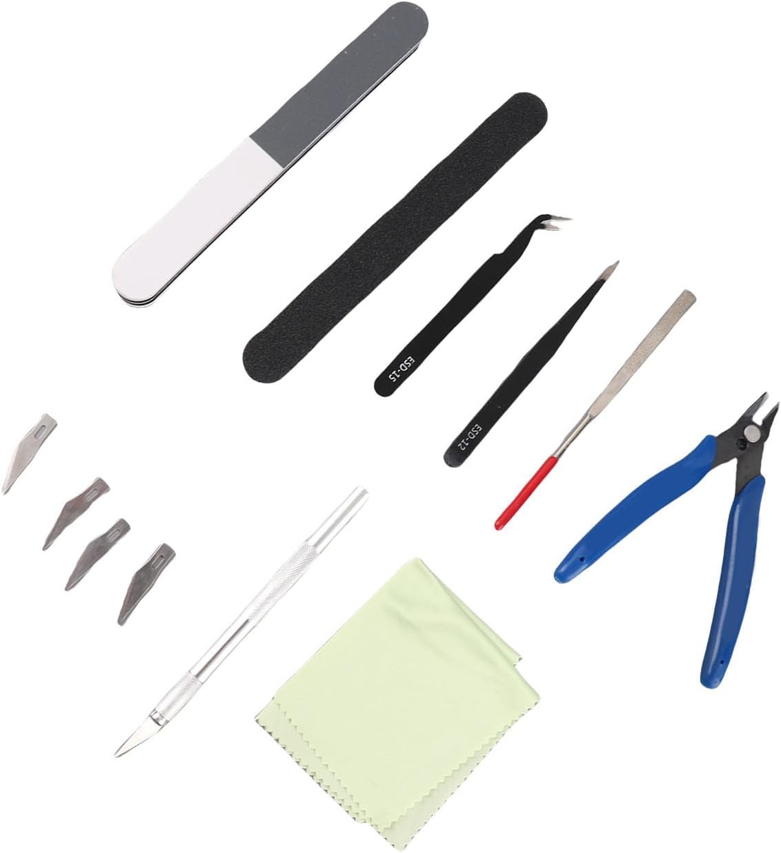 Fafeicy 8 Pcs Model Tools Kit Stainless Steel Tweezers Polishing Bars Accessories Hobby Building Repairing Fixing Tools for Plastic Model Building with Storage Box