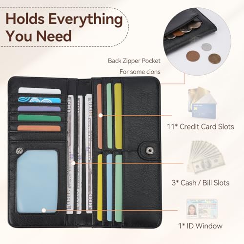 Image of Wallet Women Ultra Slim Thin Rfid 3D Embossed Vegan Leather Womens Wallet Clutch Long Ladies Wallet (01-Black)