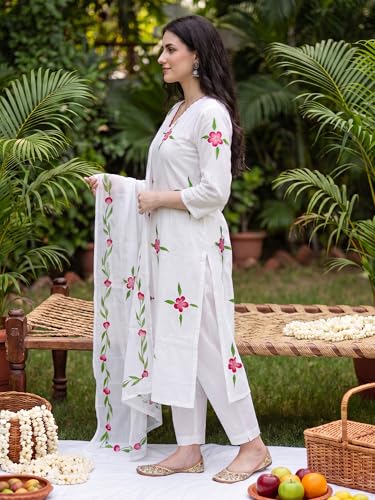 Image of INDO ERA Women's Pure Cotton Floral Printed Thread Work Kurta & Pant with Dupatta Set | Cotton Kurta Set For Woman