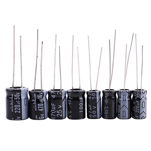 Nurnesy Electrolytic Capacitor Kit, Industrial Electrical Circuit Capacitors Assortment, 125pcs 1uF~2200uF 25 Values Electrolytic Capacitors Assorted Assortment Kit Set, Black