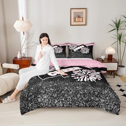 Image of Feelyou Pink Glitter Cheer Comforter Set Toddler Size Dreamy Girly Gymnastic Sports Comforter for Kids Boys Girls Gymnastics Lovers Bedding Set Cheer Sports Duvet Set Room Decor Quilt