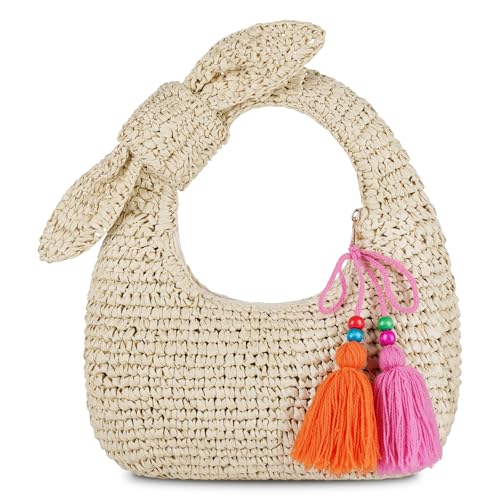 Bolso pequeño de paja tipo tote con moño y flecos miniatura 1
