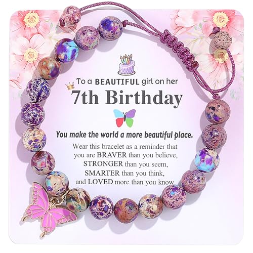 Birthday Bracelet for 6-18 Years Old, Purple Natural Stone Butterfly Charm Bracelet, Gift for Daughter Granddaughter Niece Niece Teenage Girl Holiday Bracelet Gift