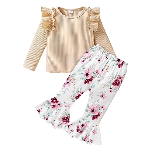 Image of YOUNGER TREE Toddler Girl Clothes Outfits Baby Girl Clothes Long Sleeve Ruffle Top Floral Pants Set Fall Winter Girl Outfit(12-18 Months,Apricot)