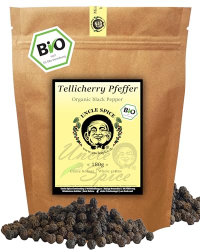 UNCLE SPICE® BIO Tellicherry Pfeffer - 180g schwarzer Pfeffer ganz - Jumbopfeffer - Hochland Bergpfeffer - Premium-BIO-Qualität - handverlesene ganze Körner für die Mühle, kräftige Schärfe, DE-ÖKO-005
