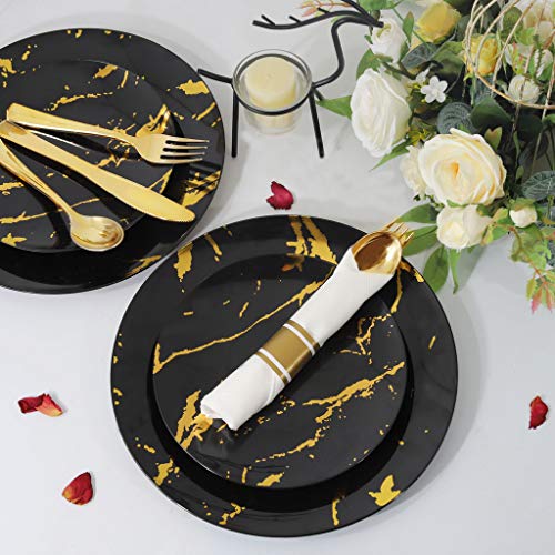 Bucla 30Guests New Year Plates - Black And Gold Plastic Plates With Disposable Prewrapped Silverware Bulk And Gold Cups- Marble Design Disposable Plastic Dinnerware-Ideal For Weddings And Parties #TOP3