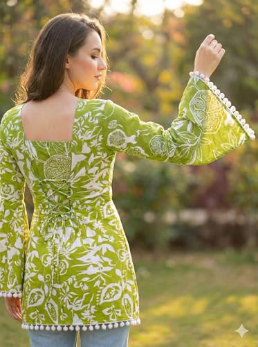 Image of Women's Premium Viscose Rayon Floral Printed Short Kurti | Stylish Bell Sleeves with Pom-Pom Lace | Teal Blue Tunic Top for Jeans & Office Wear