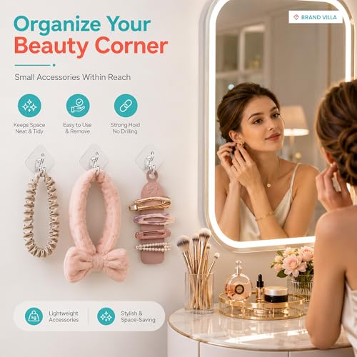Image of BRAND VILLA Self Adhesive Wall Hooks Pack of 20 | Heavy Duty Transparent Waterproof No Drill Sticky Hooks for Bathroom Kitchen Home | Utility Hooks for Towels Keys Clothes Bags Robes