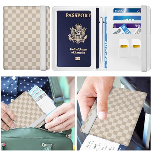 Passport Holder Cover Wallet Case for Travel Essentials, Leather Slim Cute RFID Travel Passport Card Case for Women and Men Brown Plaid2