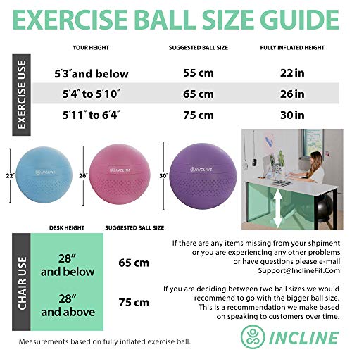 Incline Fit Anti-Burst Exercise Ball, Base & Pump (55, 65, 75 cm) for Stability, Yoga, Pilates & Fitness; Swiss Ball Stand, Alternative Office Desk Chair or Pregnancy Birthing Ball, Ultra Violet
