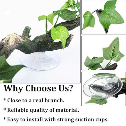 Image of PINVNBY Reptile Corner Branch Resin Climb Tree Branch Decor with Leaves Terrarium Plant Decoration with Suction Cup Gecko Plant Ornament for Amphibian Lizard Snake Climbing (1 Pcs)