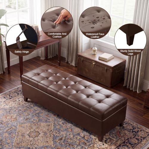 Image of 51 inch Dark Brown Leather Storage Ottoman for Living Room