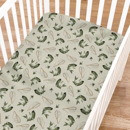 Image of Vintage Bass Fishing Fitted Baby Crib Sheets Girl Boy 52 inchx28 inch Lake Fish Crib Mattress Covers Neutral Fishing Lovers Gift Nursery Soft Breathable Baby Sheet for Standard Crib and Toddler Bed Mattress