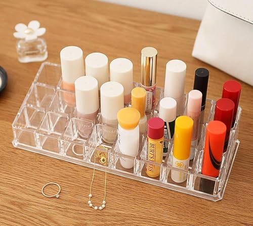Image of SKDBPM KDR Plastic Cosmetic Shelf Stand Case Grid Squares Lipstick Holder Showcase Stand Organizer Makeup Storage Box (Transparent) (24 LIPSTICK HOLDER)