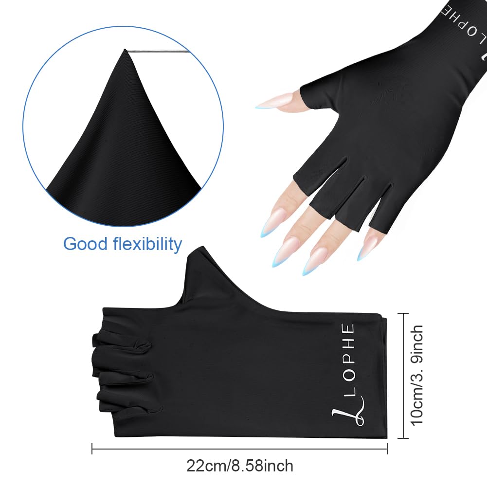 LOPHE Guanti UV per Unghie in Gel, 1 Paia UPF200+, Anti Raggi UV e UVB 999+, per Lampada per Unghie, Guanti Senza Dita per Manicure Nail Art Fai Da Te e Salone, Golf, Pesca(Nero)